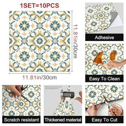 HOMETITUTE Retro Yellow Teal Floral Peel Stick Floor 12x12 Vinyl - color: Multicolor#9