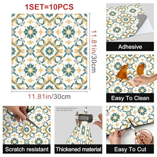 HOMETITUTE Retro Yellow Teal Floral Peel Stick Floor 12x12 Vinyl - color: Multicolor#9