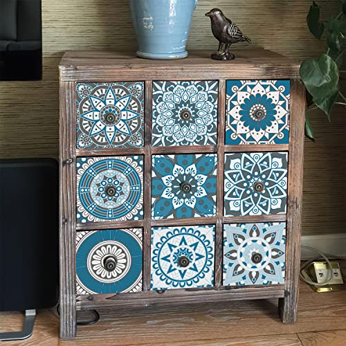 Easy Peel Stick Vinyl Moroccan Tile Decals 4x4in Stick on backsplash,24Pc - color: Cyan Mandala 3.93x3.93