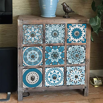 Easy Peel Stick Vinyl Moroccan Tile Decals 4x4in Stick on backsplash,24Pc - color: Cyan Mandala 3.93x3.93