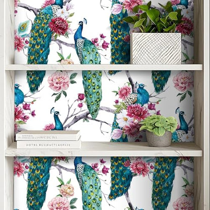 Chinoiserie Wallpaper Peel and Stick Waterproof Peacock Wallpaper Stick and Peel Blue Green Peacock Wall Paper for Bathroom Cabinets Floral Pink Peony Removable Floral Contact Paper 17.5x80 - size: 17.5" x 80"
