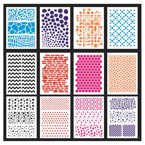 12 Pack Geometric Stencils for Painting, A4 Reusable Pattern Templates - style: JS-Shape