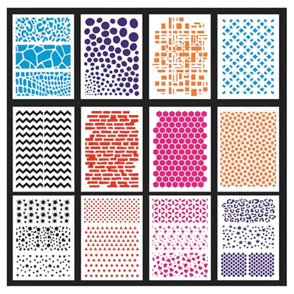 12 Pack Geometric Stencils for Painting, A4 Reusable Pattern Templates - style: JS-Shape