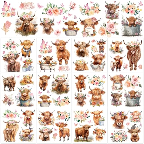 Whaline 12 Sheet Highland Cow Rub on Transfers Pink Floral Brown Cow Transfer Stickers Rustic Furniture Decals for Home Office Paper Wood DIY Crafts, 5.9 x 5.9 Inch - style: Highland Cow