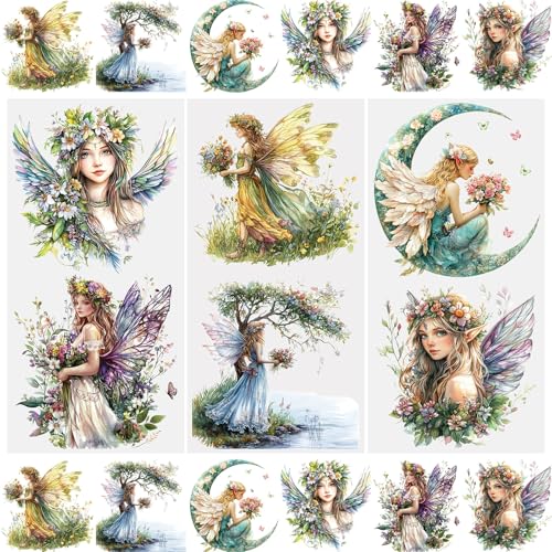WANDIC 3 Sheets Fairy Rub On Transfers Flower Scrapbook Stickers Elf Window Decals Sprite Waterproof Stickers Pixie Cup Wraps for DIY Furniture Photo Albums,15 * 30cm - color: Flower Elves