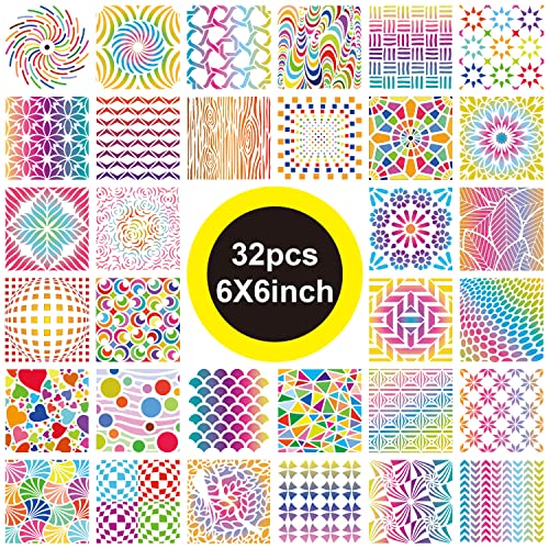 32 Pack Geometric Stencils 6 x 6 Inch Painting Templates for Scrapbooking Cookie Tile Furniture Wall Floor Decor Craft Drawing Tracing DIY Art Supplies - size: 6inch-2