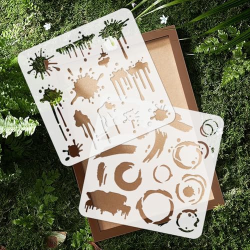 2pc Ink Splatter Wall Stencil for Painting, 11.8"x11.8" Brush Strokes Reusable Stencil for Wood Burning, Splatter Brushwork Paint Template DIY Craft Art Stencil on Wood Fabric Canvas Journal - style: Splatter & Brushwork