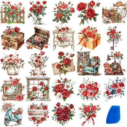 ZMRU 24 Sheets of Watercolor Style Rub on Transfers for Crafts - Perfect for Glass, Porcelain, Leather, Canvas, and Fabric Projects - IOD Transfers Included,3 * 3inch (Red Rose) - style: Red Rose