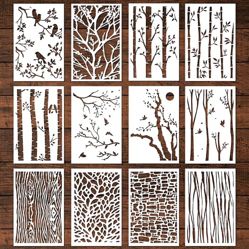 Keluna Tree Texture Stencils Painting, 12 Pcs Tree Branches Stencils for Painting on Wood Wall, Mixed Designs Tree Branch Bird Stencils for Painting on Rock Canvas Wood Wall Floor Home Decor - style: tree