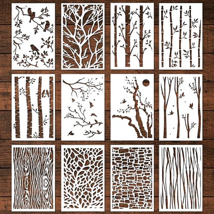 Keluna Tree Texture Stencils Painting, 12 Pcs Tree Branches Stencils for Painting on Wood Wall, Mixed Designs Tree Branch Bird Stencils for Painting on Rock Canvas Wood Wall Floor Home Decor - style: tree