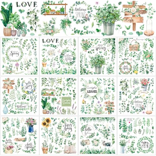 BBTO 12 Sheets Rub on Transfers for Crafts Wood Furniture DIY, 5.5" x 5.7" - style: Eucalyptus Leaf