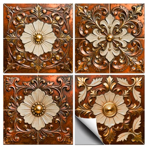 36 Pcs 4 Styles Brown Gold Patten Wall Tile Sticker, 4x4inch - color: Brown Gold Patten