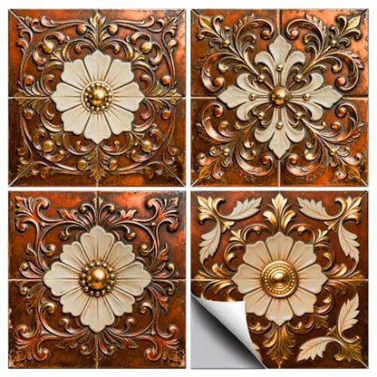 36 Pcs 4 Styles Brown Gold Patten Wall Tile Sticker, 4x4inch - color: Brown Gold Patten