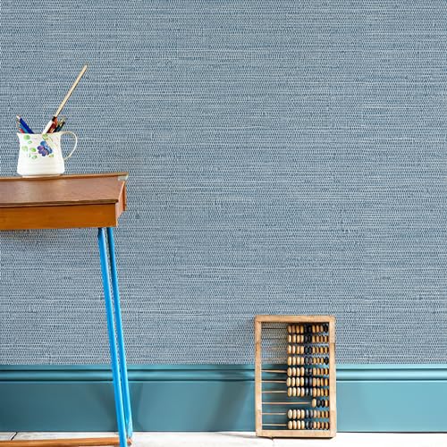 JiffDiff Grasscloth Wallpaper Peel and Stick Blue Grassweave Stick on Wallpaper Textured Self Adhesive Contact Paper 17.3"x118" - color: Dark Blue, size: 17.3" x 118"