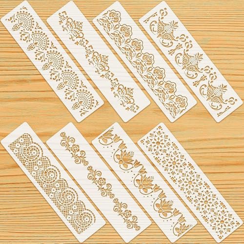 8 Pieces Ornate Border Stencil Flower Template Cake Decorating Templates Reusable DIY Art and Craft Stencil Floral Edge Baking Tool for Painting On Wood|Canvas|Paper|Fabric