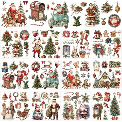 Whaline 12 Sheets Christmas Rub on Transfer for Crafts Rub on Transfer Stickers Vintage Santa Snowman Xmas Tree Furniture Decals for Home Office Classroom Party DIY Crafts, 5.5 x 5.5 Inch - style: Vintage Christmas
