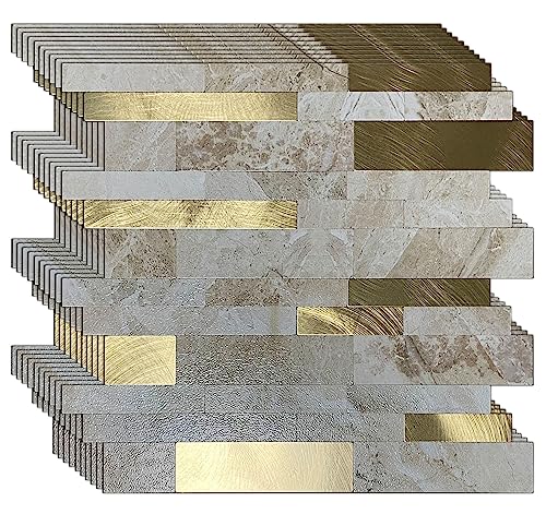 10 Sheets Backsplash Tile for Kitchen Peel and Stick, 11.81" X 11.81" Self-Adhesive Waterproof, Metal Backsplash Subway Tile, Stick on Tiles Kitchen Bathroom (Creamy) - color: Creamy