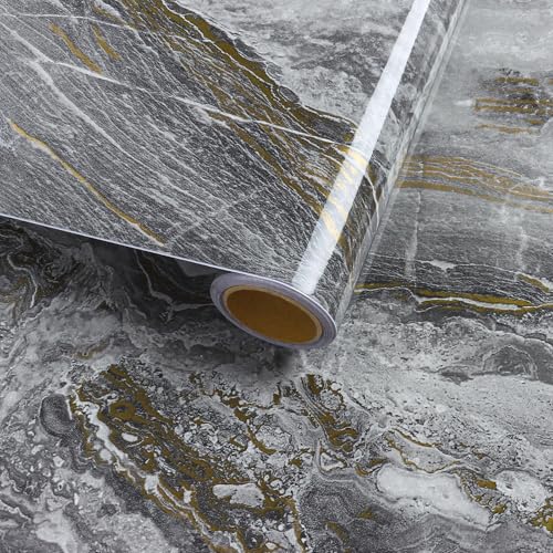 Gray and Gold Peel and Stick Countertops Glossy Marble Granite Contact Paper 23.6"x118" Removable Waterproof Marble Vinyl Wrap Wallpaper for Kitchen Bathroom Self Adhesive Counter Top Cover - color: Glossy Grey, size: 23.6" x 118"