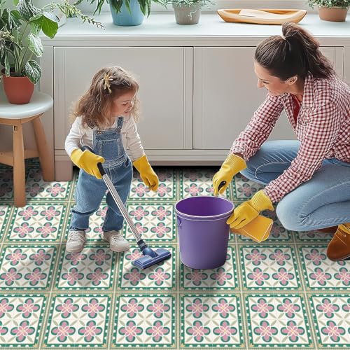 HOMETITUTE Pink Petal Flower White Dot Peel Stick Floor 12x12 Vinyl - color: Pink#2