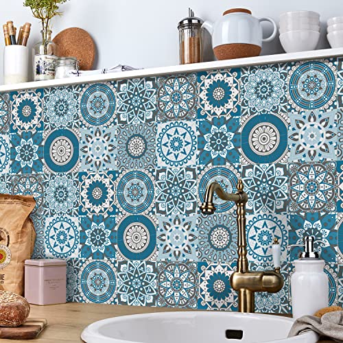 Easy Peel Stick Vinyl Moroccan Tile Decals 4x4in Stick on backsplash,24Pc - color: Cyan Mandala 3.93x3.93