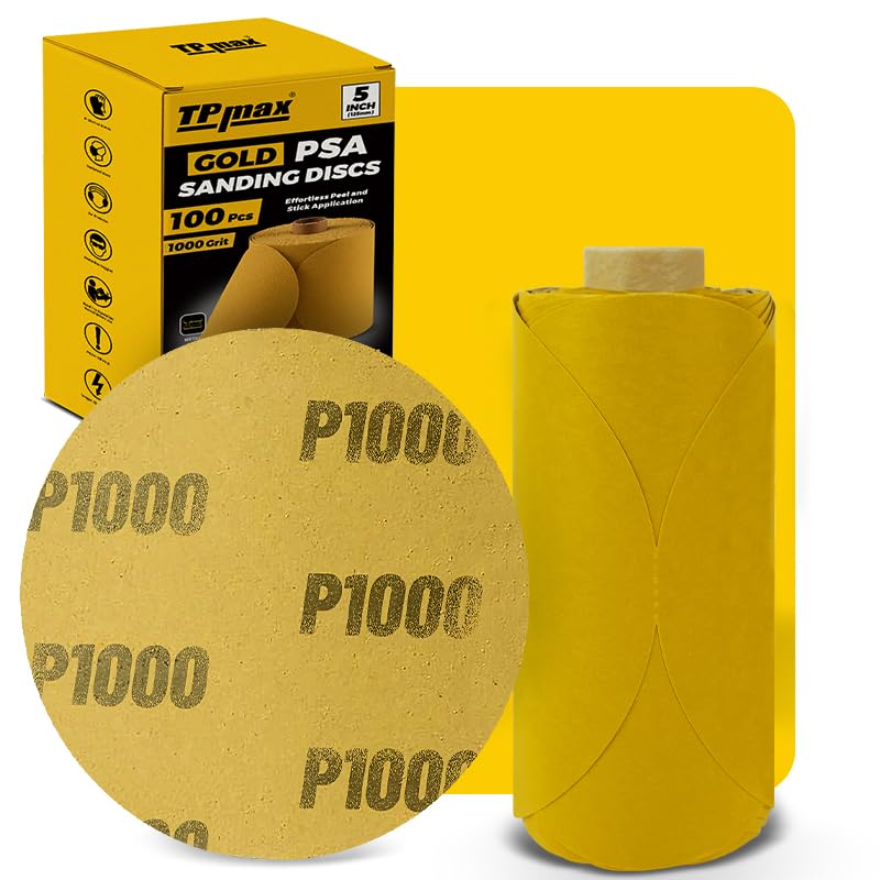 100PCS 5 Inch PSA Sanding Discs 220 Grit | Self-Adhesive Sandpaper Roll for DA Sanders, Orbital Sander | Gold Aluminum Oxide Sticky Back Abrasive Discs for Automotive, Woodworking, and Metal Polishing