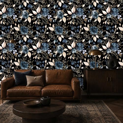 Black Gold Floral Peel and Stick Wallpaper 17.7"x78.8" - color: Black/Gold/Navy Blue/Beige, size: 17.7" x 78.8"
