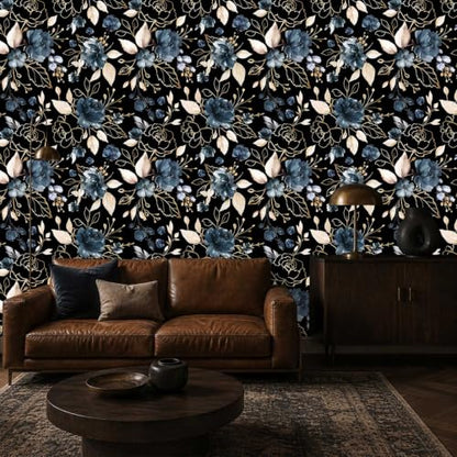 Black Gold Floral Peel and Stick Wallpaper 17.7"x78.8" - color: Black/Gold/Navy Blue/Beige, size: 17.7" x 78.8"