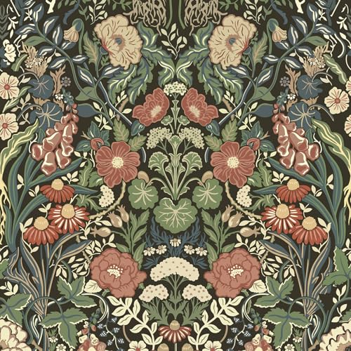 Vintage Wallpaper Peel and Stick Floral Wall Paper Removable Waterproof Green/Black/Yellow Contact Paper for Bedroom, Bathroom, Home Wall 17.3" x 118" - color: Green/Red/Yellow/Black, size: 17.3" x 118"