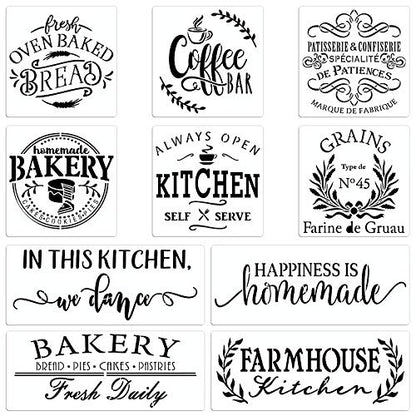 10 Set Farmhouse Kitchen Stencil, Homemade Bakery Rustic Sign Painting Stencils for Home Dining Room Wall Decoration Reusable Templates DIY Wood Sign - style: Farmhouse Kitchen