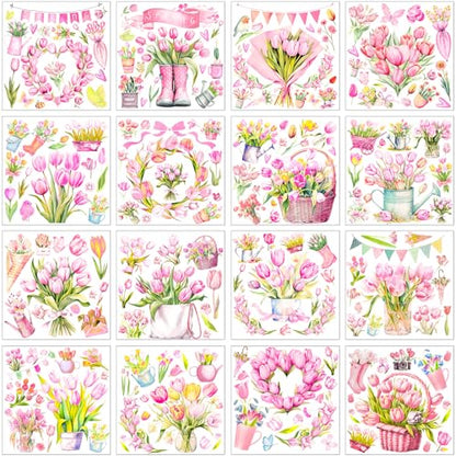 Dispowreath 16 Sheets Pink Tulip Spring Rub on Transfers for Crafts 6x6 Inch Flower Rub on Transfers Stickers Spring Stickers Decals for Home Paper Wood DIY Furniture - style: Tulip