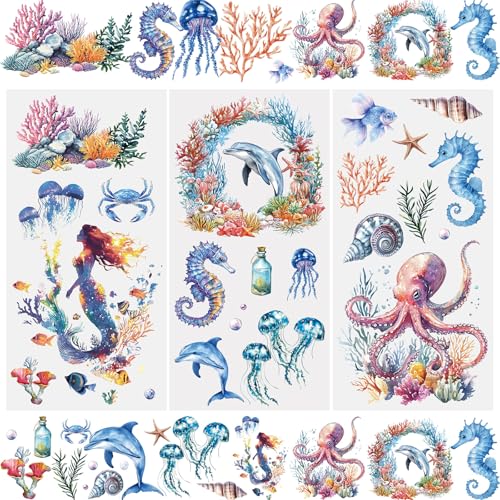 WANDIC 3 Sheets Marine Animals Rub On Transfer Stickers Mermaid Scrapbook Stickers Whale Window Decals Seahorse Waterproof Decals for DIY Furniture Photo Albums,15 * 30cm - color: Marine Animals, size: 3 Sheets