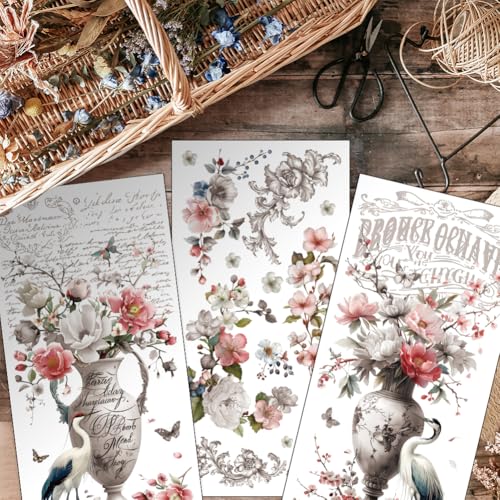 OLYCRAFT 3Pcs/Set Vase and Bird Rub on Transfers for Furniture and Craft 6x12 Inch Peony Furniture Decal Transfer Stickers Rub on Decal with 1pc Scraper for Cabinet Wardrobe Decoration - style: Vase
