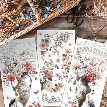 OLYCRAFT 3Pcs/Set Vase and Bird Rub on Transfers for Furniture and Craft 6x12 Inch Peony Furniture Decal Transfer Stickers Rub on Decal with 1pc Scraper for Cabinet Wardrobe Decoration - style: Vase