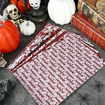 AnyDesign 10Pcs Halloween Theme Faux Leather Sheets Spooky Bloody Printed Synthetic Leathers Red White Black Scary Bloodstain Fabric Leathers for Halloween DIY Craft Earring Hair Bow Making, 8 x 12