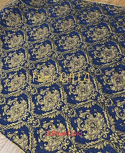 Damask Tapestry Chenille Fabric - Upholstery Fabric, 60" Width - Sold by The Yard (Dark Blue/Gold) - color: Dark Blue/Gold
