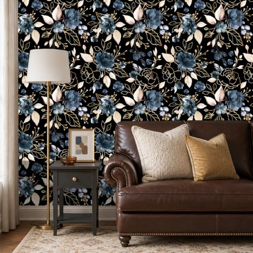 Black Gold Floral Peel and Stick Wallpaper 17.7"x118" - color: Black/Gold/Navy Blue/Beige, size: 17.7" x 118"