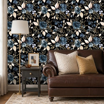 Black Gold Floral Peel and Stick Wallpaper 17.7"x118" - color: Black/Gold/Navy Blue/Beige, size: 17.7" x 118"