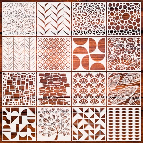 16 Pieces Geometric Stencils 8 x 8 Inch Painting Templates Abstract Layering Christmas Stencil for Scrapbooking Cookie Tile Furniture Wall Floor Decor Craft Drawing Tracing DIY Art Supplies
