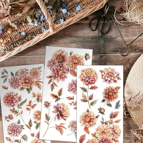 OLYCRAFT 3pcs/Set Dahlia Rub on Transfers for Crafts and Furniture 6x12 Inch Chrysanthemum Furniture Decals Transfer Stickers Rub on Decal with 1pc Scraper for Wood Furniture Home Decor - style: Dahlia
