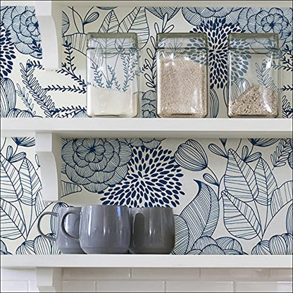 NuWallpaper by WallPops NUS3830 Navy Secret Garden Peel & Stick Wallpaper, Blue - color: Blue