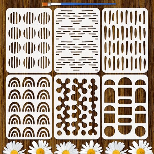 FINGERINSPIRE 6PCS Abstract Texture Stencil 8.3x11.7 Inch Geometric Stencils Set for Painting Reusable Abstract Stencils with a Brush for Wall Decor DIY Art Projects Walls Wood Canvas - style: Abstract Texture