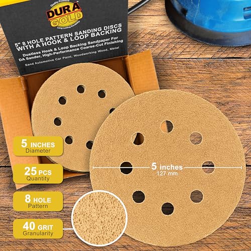 Dura-Gold 5" Gold Sanding Discs, 40 Grit, Box of 25, 8 Hole Pattern, H & L - size: 40-Grit - Gold