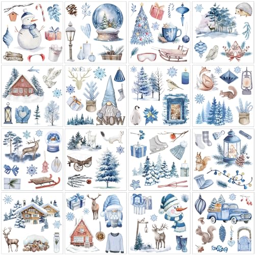 16 Sheets Winter Rub on Transfers for Crafts Snow Style Scrapbook Stickers Rub on Decals for DIY Wood Furniture Fabric Journal Dairy Envelope Crafts, 5.9 x 5.9 Inch - style: Stylish Style
