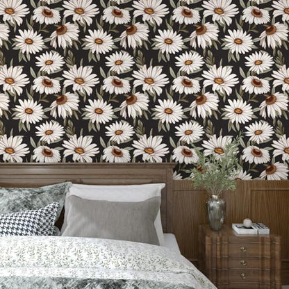 Laatse Dark Daisy Floral Peel and Stick Wallpaper 17.5" × 393", White/Black - color: Black,Green, size: 393" x 17.5"