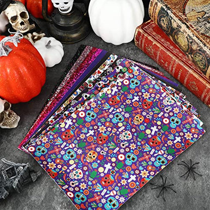 AnyDesign 12Pcs Day of The Dead Halloween Faux Leather Sheets Sugar Skull Skeleton Floral Printed Leather Fabric Sheets Glitter Synthetic Leather for Halloween DIY Craft Earring Hair Bow, 8 x 12
