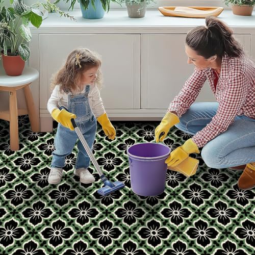 HOMETITUTE Green Black Floral Peel Stick Floor Tile 12x12 Vinyl - color: Green#1