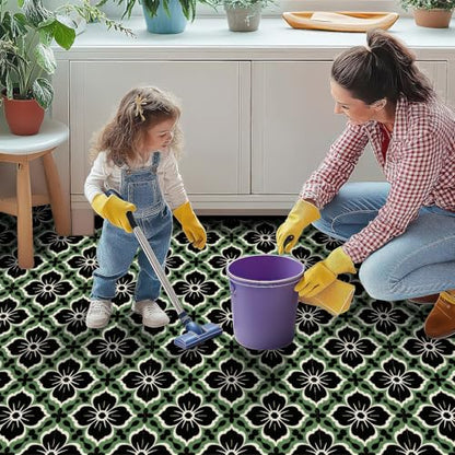 HOMETITUTE Green Black Floral Peel Stick Floor Tile 12x12 Vinyl - color: Green#1