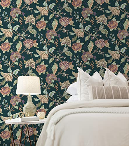 NextWall Kianna Jacobean Floral Peel and Stick Wallpaper (Victorian Jade) - color: Victorian Jade