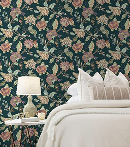 NextWall Kianna Jacobean Floral Peel and Stick Wallpaper (Victorian Jade) - color: Victorian Jade