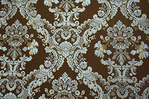 Damask Upholstery and Drapery, Jacquard Fabric Sold by The Yard (Chocolate/Blue) - color: Chocolate/Blue